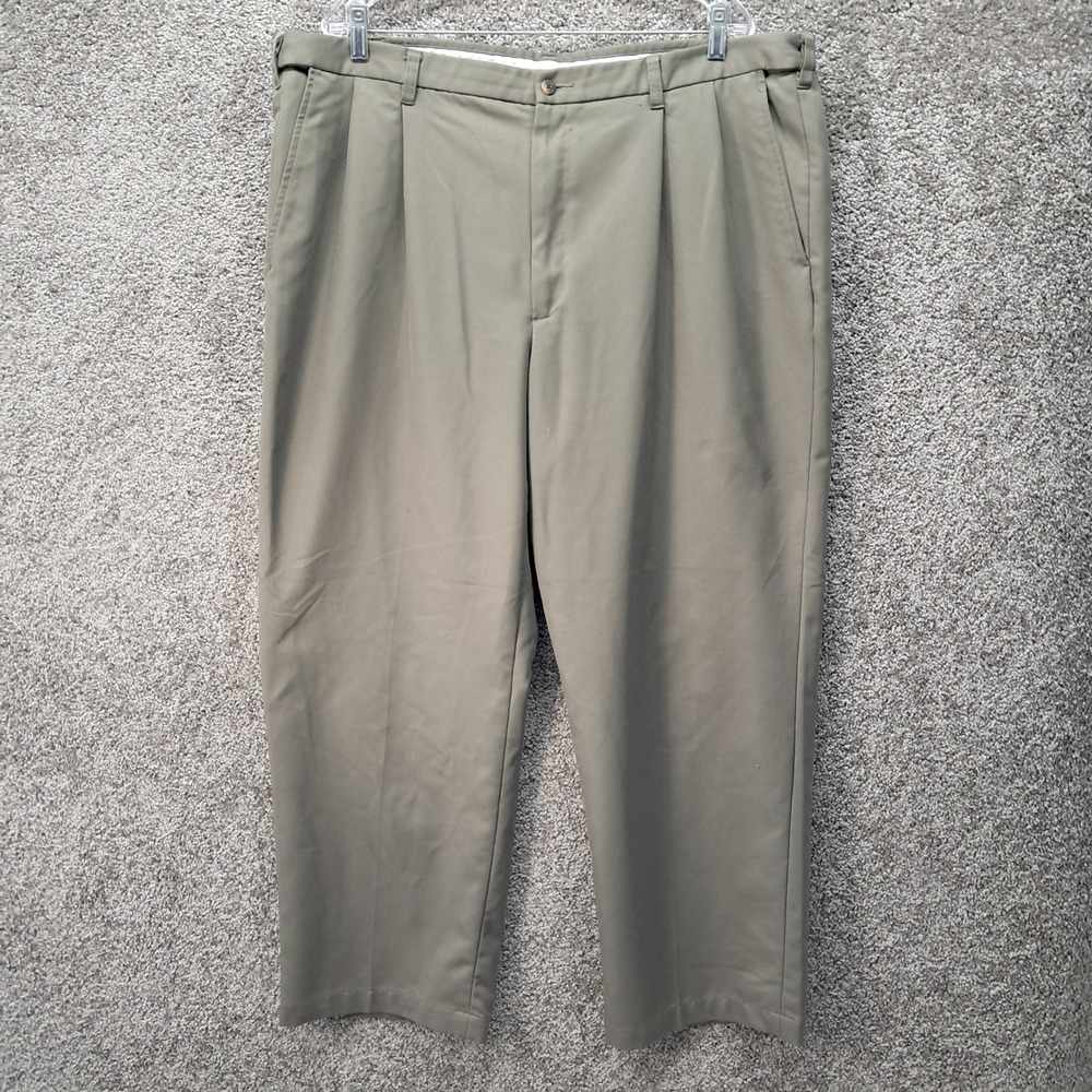 Haggar Q Series‎ Mens Pleated Dress Pants 44x30 Olive Taupe Micro Polyester